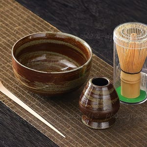Handmade Matcha Bowl Set: Bamboo Whisk, Chasen Holder, Beginner Ceremony Gift