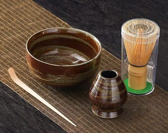 Handmade Matcha Bowl Set: Bamboo Whisk, Chasen Holder, Beginner Ceremony Gift