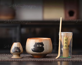 Set de Matcha con Gato Pintado a Mano: Cuenco de Cerámica, Batidor de Bambú y Soporte