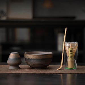 Handmade Ceramic Matcha Bowl Set: Bamboo Whisk, Chasen Holder