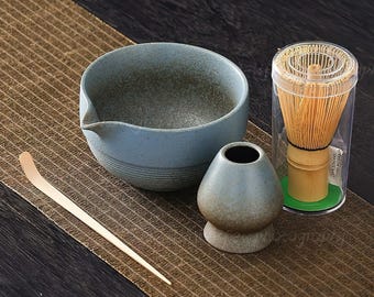 Handmade Matcha Bowl Set: Bamboo Whisk, Chasen Holder, Beginner Ceremony Gift