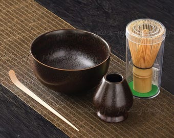 Handmade Matcha Bowl Set: Bamboo Whisk, Chasen Holder, Beginner Ceremony Gift