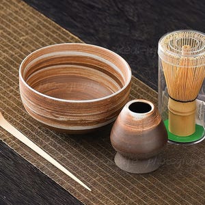 Handmade Matcha Bowl Set: Bamboo Whisk, Chasen Holder, Beginner Ceremony Gift