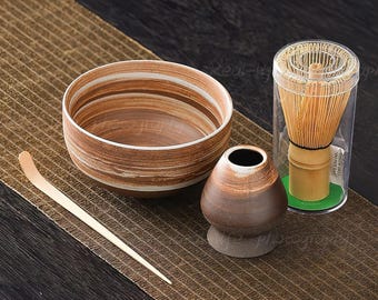 Handmade Matcha Bowl Set: Bamboo Whisk, Chasen Holder, Beginner Ceremony Gift