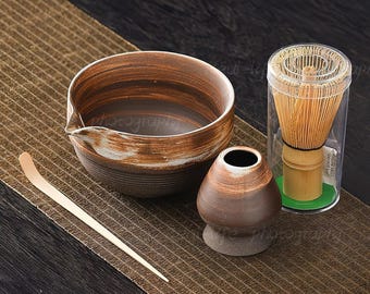 Handmade Matcha Bowl Set: Bamboo Whisk, Chasen Holder, Beginner Ceremony Gift
