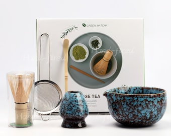 Handgemaakte geglazuurde keramische matcha-komset: bamboegarde, houder Chasen