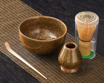 Handmade Matcha Bowl Set: Bamboo Whisk, Chasen Holder, Beginner Ceremony Gift