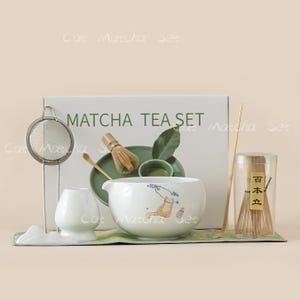 Hand Painted Cute Cat Ceramic Matcha Bowl Set,With Bamboo Whisk and Chasen Holder Ceramic  Matcha Whisk Set 600ml, Gift for Her, Christmas