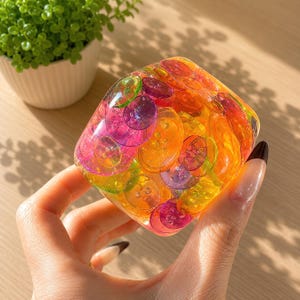 May include: A clear, cube-shaped resin paperweight filled with numerous small, colourful plastic buttons in shades of orange, yellow, pink, purple, and green. The buttons are embedded throughout the transparent material, creating a dense, multi-layered effect with visible circular shapes and four-hole patterns.