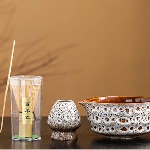 Handmade Glazed Ceramic Matcha Bowl Set: Bamboo Whisk, Chasen Holder