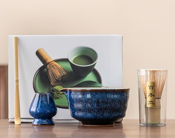 Handgemaakte geglazuurde keramische matcha-komset: bamboegarde, houder Chasen
