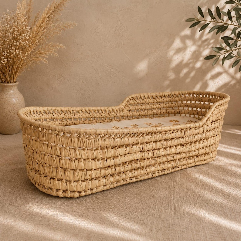 Puede incluir: Una cuna de mimbre tejido en color beige natural. La cuna tiene una forma curva con un reposacabezas ligeramente elevado. El interior presenta una tela estampada. El dise&ntilde;o general es simple y elegante.