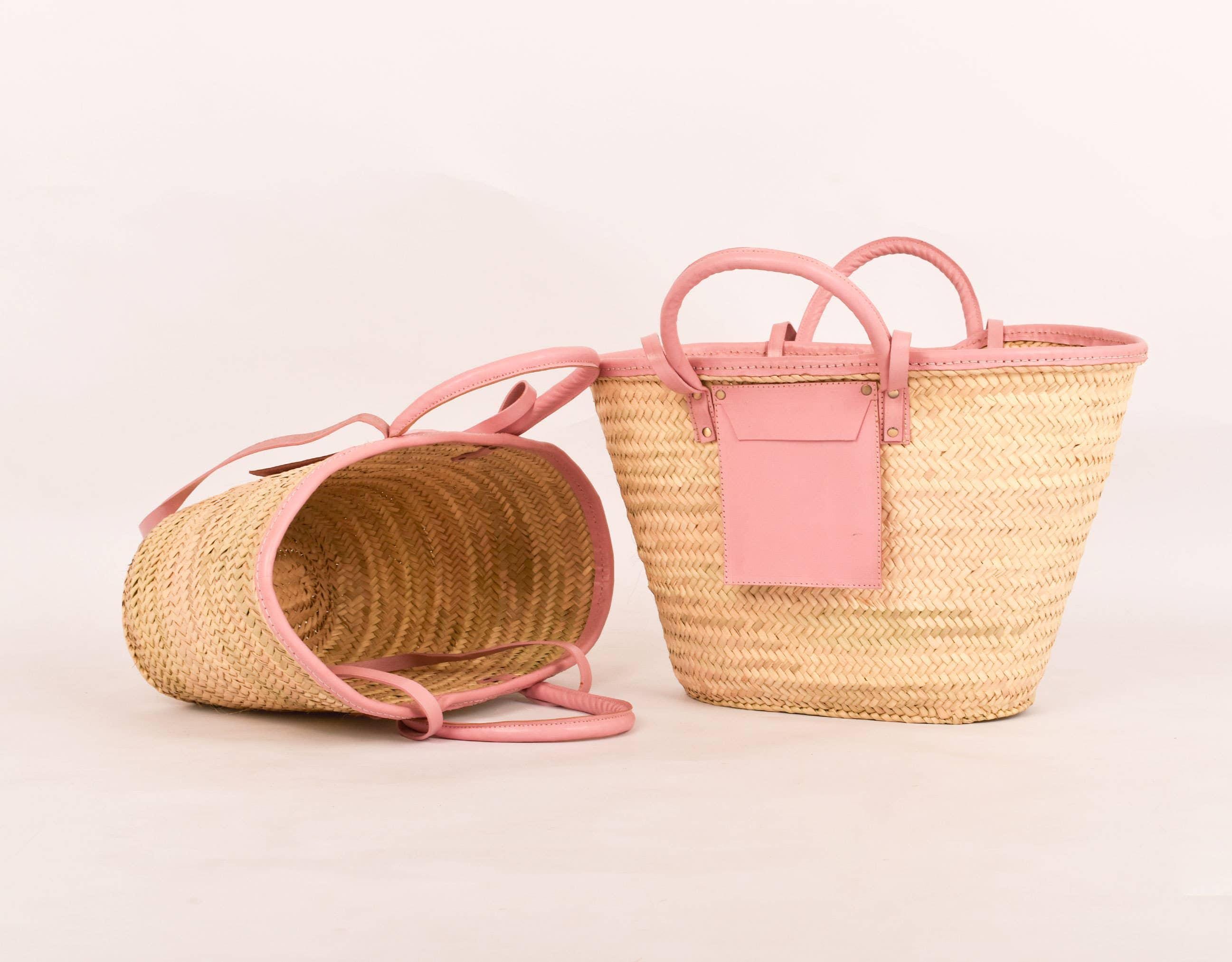 Moroccan Straw Tote Bag | Handmade Woven Market Basket With Leather ...