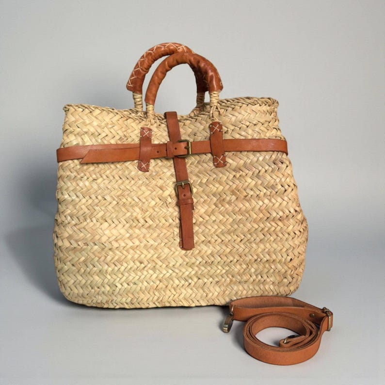 Leather Strap Moroccan Straw Bag: Handmade Woven Boho Market Tote - Etsy