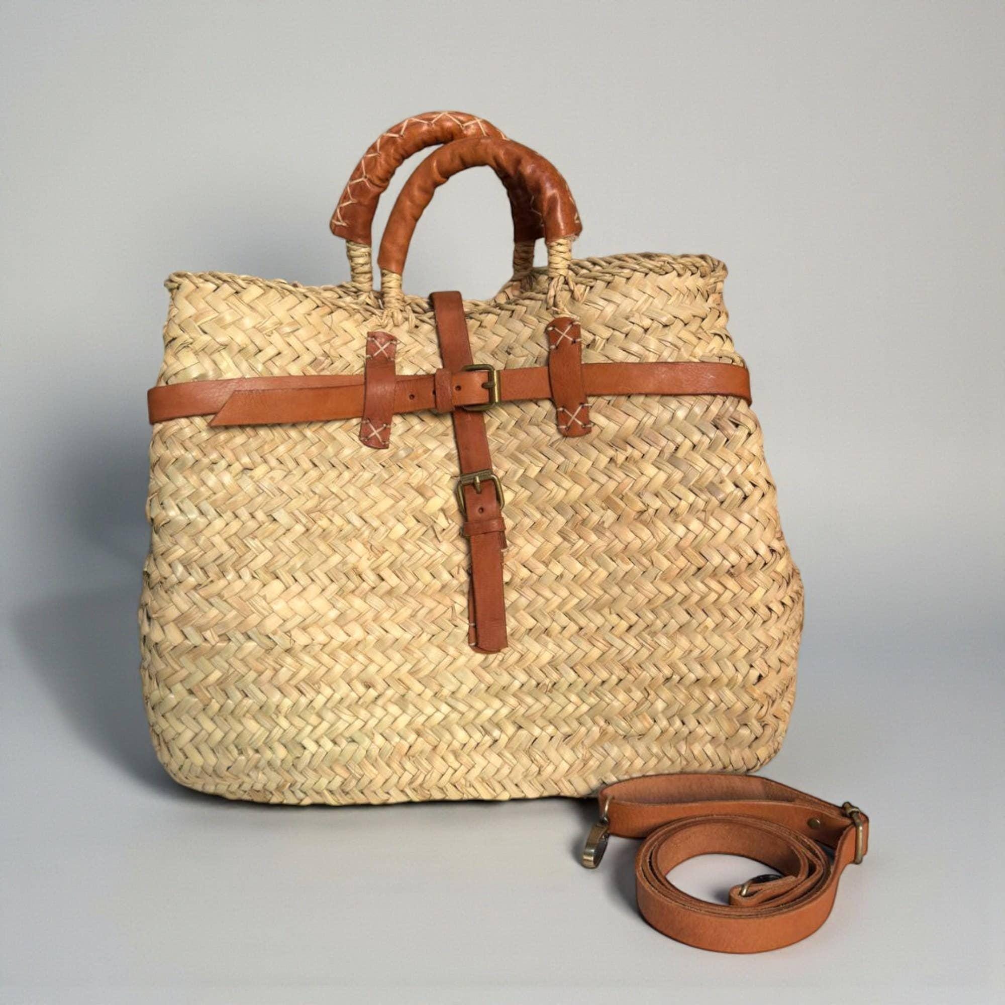 Leather Strap Moroccan Straw Bag: Handmade Woven Boho Market Tote - Etsy