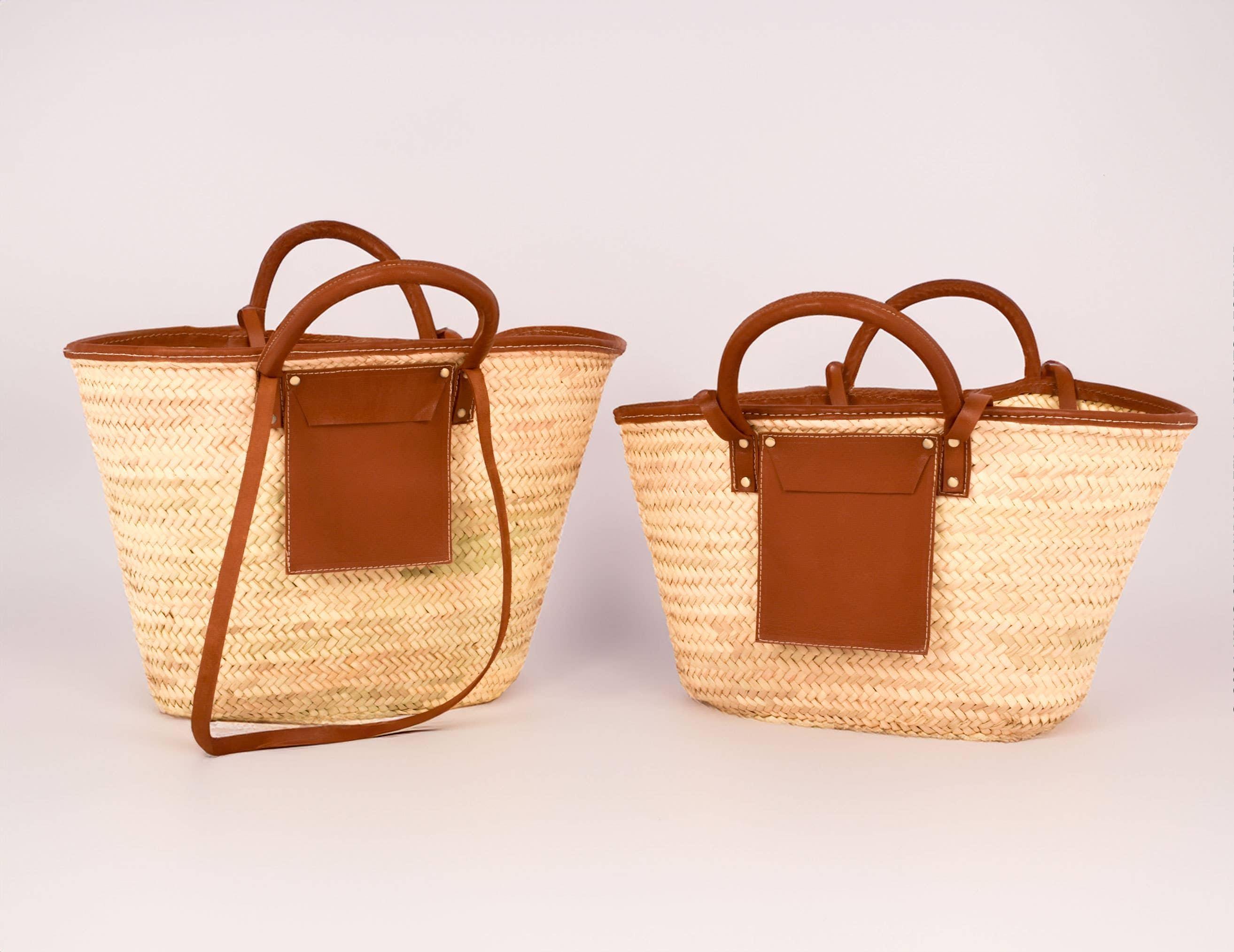 Moroccan Straw Tote Bag | Handmade Woven Market Basket With Leather ...