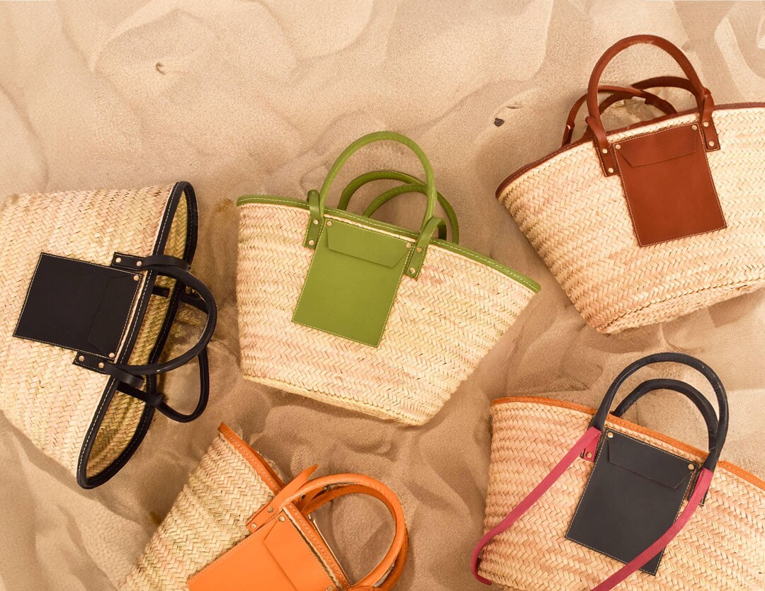 Moroccan Straw Tote Bag | Handmade Woven Market Basket With Leather ...