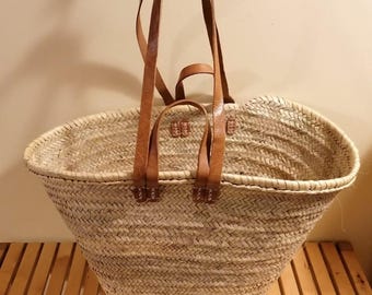 Handmade Moroccan Straw Market Basket: Leather Handle Tote Bag