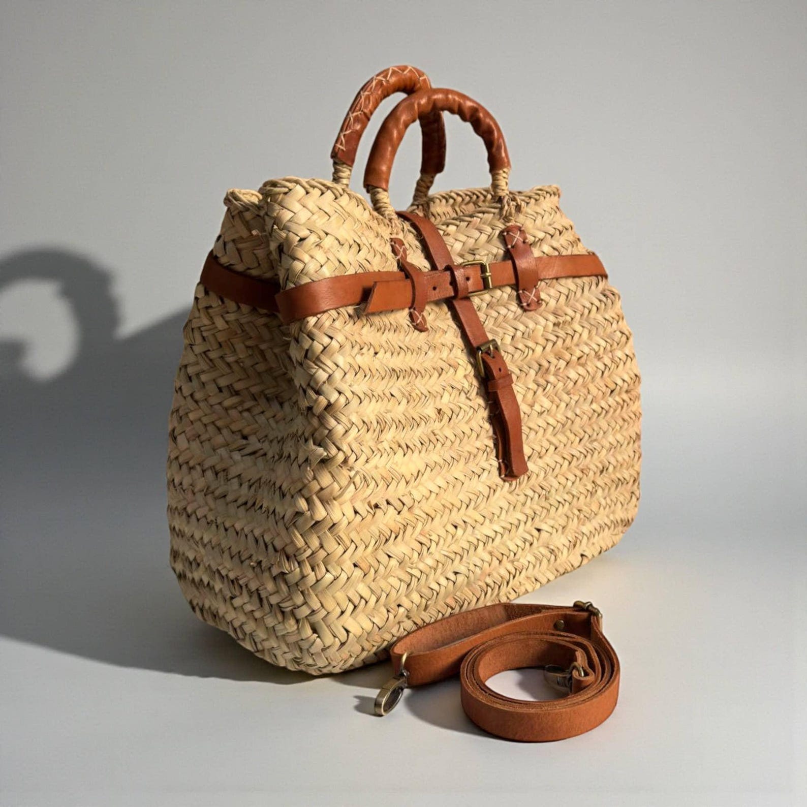 Leather Strap Moroccan Straw Bag: Handmade Woven Boho Market Tote - Etsy