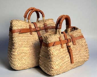 Bolso marroquí de paja con correa de cuero: bolso de mercado bohemio tejido a mano.