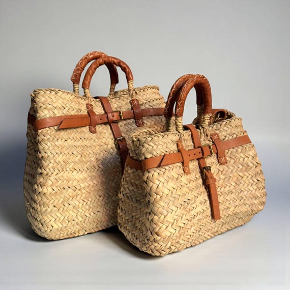 Leather Strap Moroccan Straw Bag: Handmade Woven Boho Market Tote