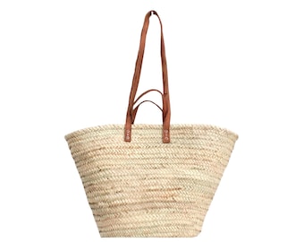 Handwoven Moroccan Straw Tote Bag: Leather Handles, French Market Basket