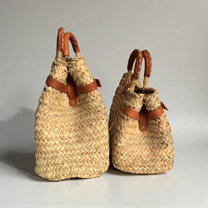Leather Strap Moroccan Straw Bag: Handmade Woven Boho Market Tote - Etsy