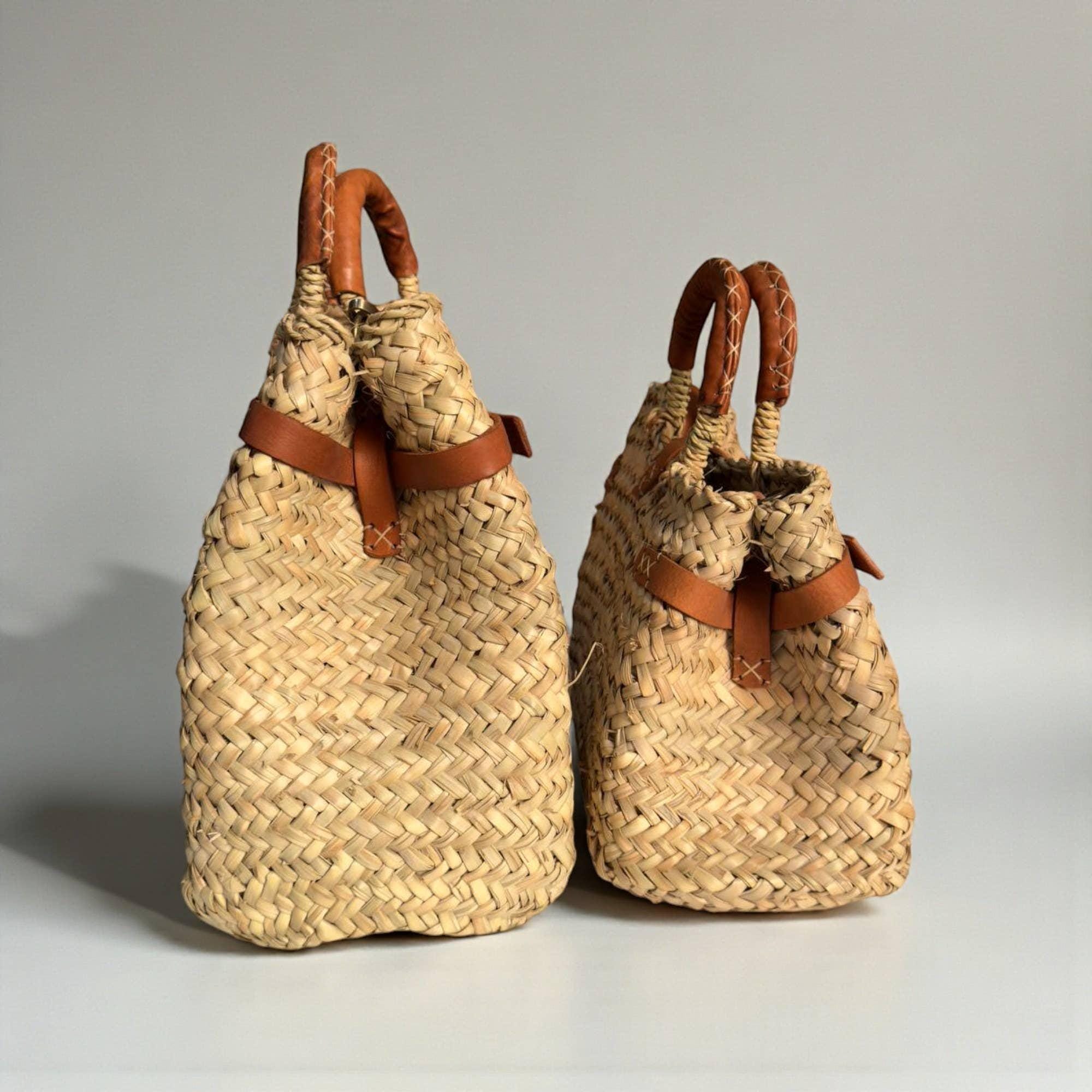 Leather Strap Moroccan Straw Bag: Handmade Woven Boho Market Tote - Etsy