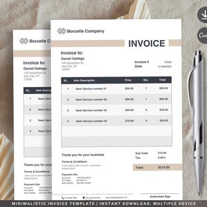 Modelo de fatura personalizável, formulário de cobrança profissional, PDF e Excel editáveis, fatura para pequenas empresas, fatura digital para freelancers