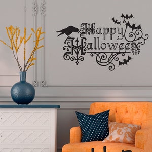 Happy Halloween wall decal with bats and raven in orange or black Halloween Decor WB705 image 1