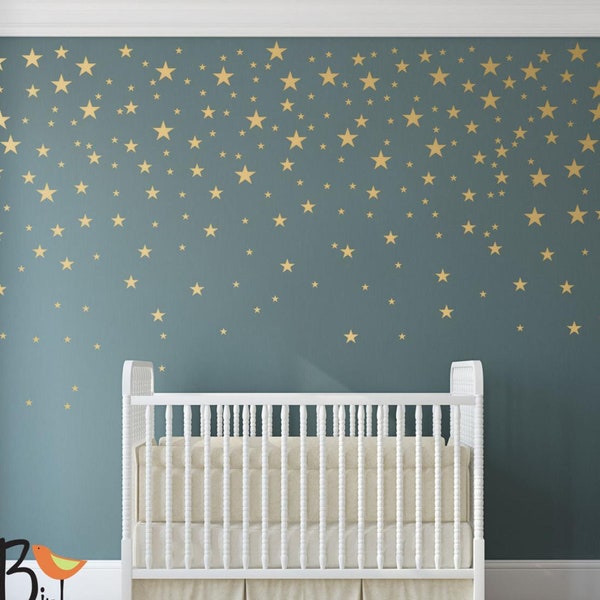 Gold Stars Wall Decals Set for Nursery Decor, Easy Peel and Stick Application, removable, matte metallic finish looks like paint - WBSTRm