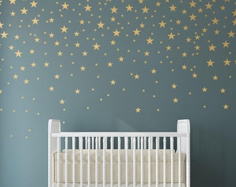 Gold Stars Wall Decals Set for Nursery Decor, Easy Peel and Stick Application, removable, matte metallic finish looks like paint - WBSTRm