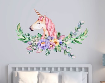 Unicorn wall decal nursery decor. Made from peel n stick fabric wall decal material. Removable and Reusable. Cute unicorn party idea. -WB425