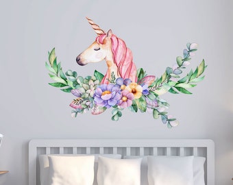 Unicorn wall decal nursery decor. Made from peel n stick fabric wall decal material. Removable and Reusable. Cute unicorn party idea. -WB425