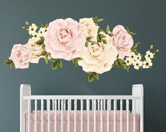 Flower Wall Decals For Nursery, Blush Pink and Cream Roses with Flowering branches and leaves, Removable and Reusable - WB1011