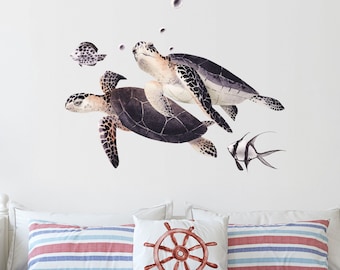 Sea Turtles and Fish Ocean Wall Decals Kids Room Decor or Classroom Decor, Nursery Decals made with reusable fabric decal material - WB015