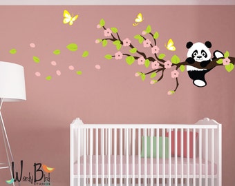 Cherry Blossom Wall Decal, Panda Wall Decal, Panda Bear, reusable kids wall decals, nursery mural - WB551