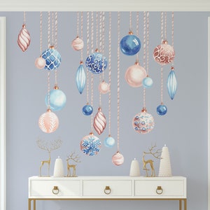 Vintage Christmas Ornaments Wall Decals, reusable Peel n Stick Fabric Wall Decal Material, Blue & Blush Watercolor Christmas Decor - WB114C