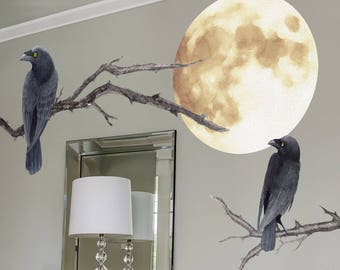 Ravens Halloween Wall Mural - Ravens on branches with Full Moon - Halloween Wall Mural - Handpainted Watercolor Design - WB915