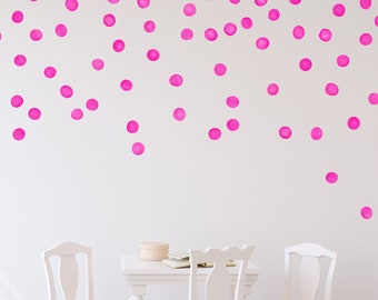 Hot Pink Watercolor Polka Dot Wall Decals, peel and stick printed fabric , hand painted style, irregular shapes, nursery decor - WBWDOTHP