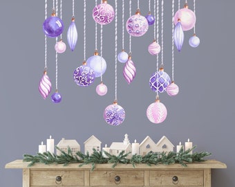 Vintage Christmas Ornaments Wall Decals, reusable Peel n Stick Fabric Wall Decal Material, Pink & Purple Watercolor Christmas Decor - WB114D