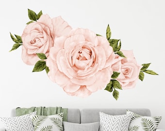 Large Floral Wall Decal, Living Room Removable Wall Decal, Pink Roses Wall Sticker, Living Room Decor - WB1010