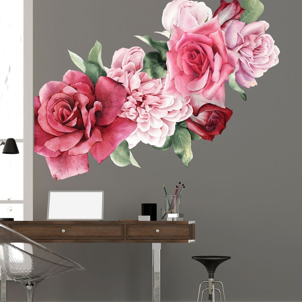 Pink Roses Wall Decals made from Peel and Stick Removable Wallpaper – Fabric Flower Wall Decals – WB928