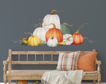 Modern Cottage Fall Decor Wall Decals, Cute Rustic Pumpkin Patch Halloween Wall Decals in a Handpainted Watercolor Design, reuseable - WB914