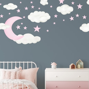 Moon Clouds & Stars Nursery Wall Decal, Night Sky reusable fabric wall decals for Baby Room Decor, Perfect for baby shower decoration WB1618