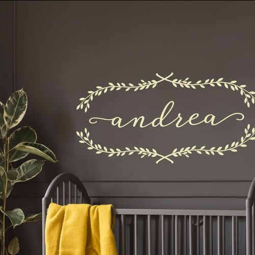 Personalized Name Wall Decal With Laurel Leaf Swag Frame Etsy