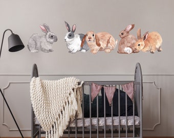 Cute Bunny Nursery Wall Decals, Set of 5 Bunnies, Made from Peel and Stick removable wallpaper material, reusable & repositionable - WB1600