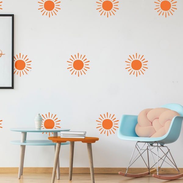 Sunshine Wall Decals, Set of 20 individual Sunbursts, Cute Kids Room Nursery Wall Art, Boho Playroom Decor, rental and dorm friendly -WB062B