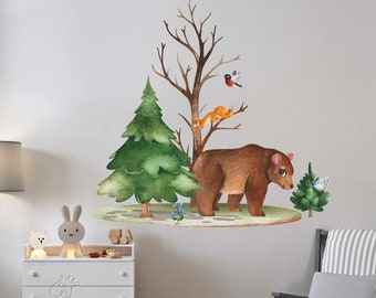 Woodland Wall Mural Nursery Decor, Forest Wall Stickers, Pine Tree Wall Decal with cute animals, Reusable peel and stick mural - WB021