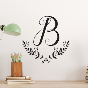 Single Letter Wall Decal Monogram with Laurel Wreath, Great for Nursery Decor or Front Door, Wedding Gift Idea, Vinyl Wall Sticker - WB1701